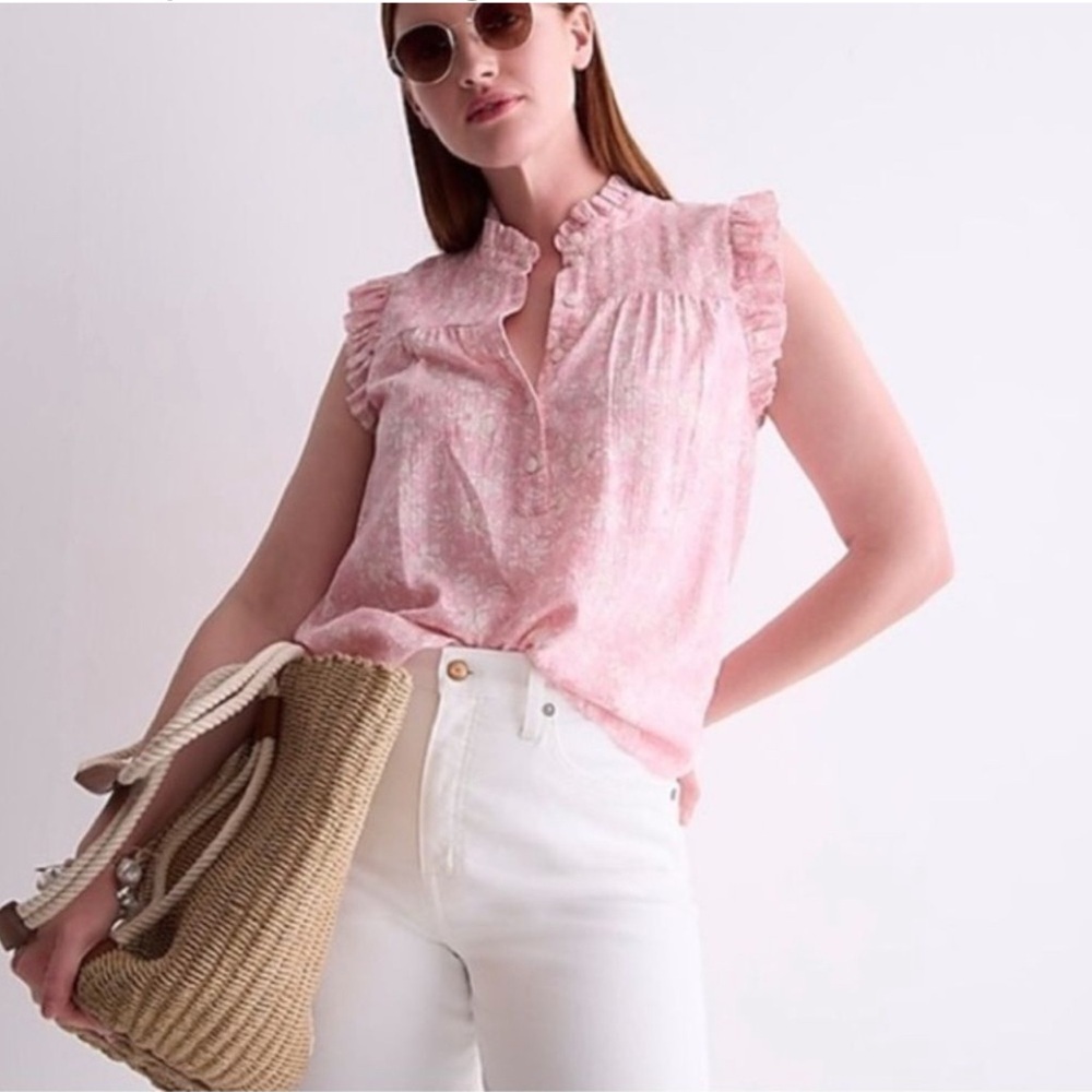 J crew garden gauze top pink floral ruffle sleeveless small